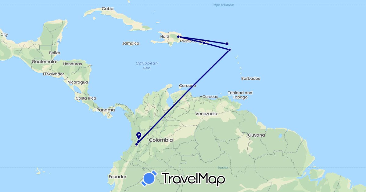TravelMap itinerary: driving in Colombia, Dominican Republic, France, Saint Kitts and Nevis, United States (Europe, North America, South America)